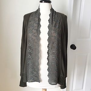 Anthropologie Lace Trim Moss Green Cardigan